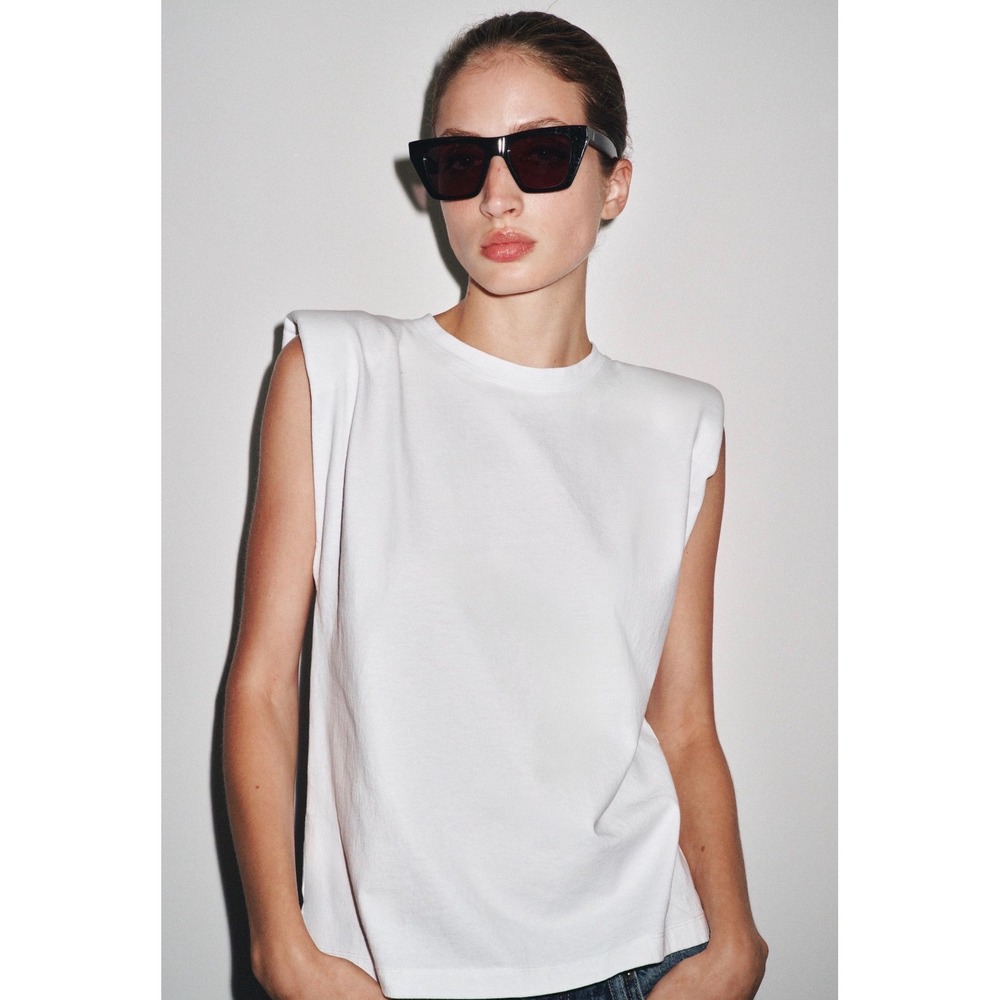 Zara White Shoulder Pad Muscle Tee Cotton Minimalist Quiet Luxury Top S